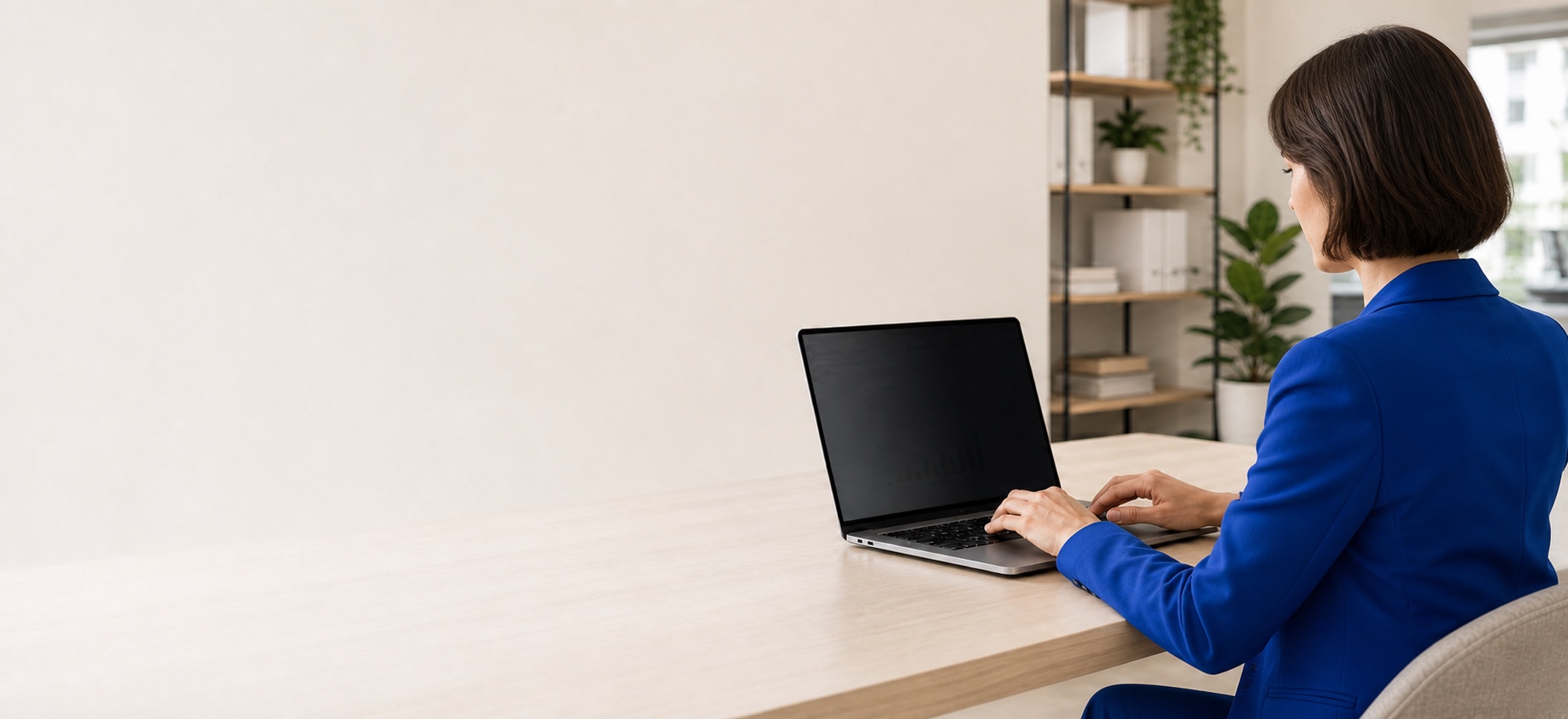 Kobieta w niebieskiej marynarce korzystająca z laptopa z filtrem prywatyzującym